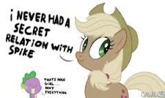 Size: 240x143 | Tagged: safe, imported from derpibooru, applejack, spike, pony, applespike, female, liar face, liarjack, male, needs more jpeg, picture for breezies, scrunchy face, shipping, straight