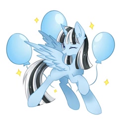 Size: 720x720 | Tagged: safe, imported from derpibooru, oc, oc only, alicorn, pony, alicorn oc, balloon, one eye closed, raised hoof, simple background, solo, white background, wink