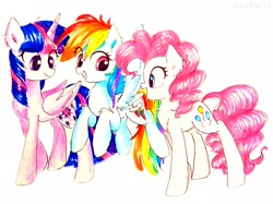 Size: 2321x1740 | Tagged: safe, artist:liaaqila, imported from derpibooru, pinkie pie, rainbow dash, twilight sparkle, alicorn, earth pony, pegasus, pony, commission, female, mare, smiling, traditional art, twilight sparkle (alicorn)