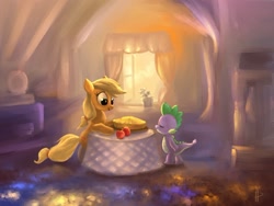 Size: 900x675 | Tagged: safe, artist:rom-art, imported from derpibooru, applejack, spike, dragon, pony, apple, cute, duo, eyes closed, food, pie, smiling, window