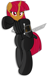 Size: 4247x6968 | Tagged: safe, alternate version, artist:digiqrow, imported from derpibooru, oc, oc only, oc:tsangefis, pony, semi-anthro, unicorn, absurd resolution, blade, clothes, female, holster, latex, latex suit, pda, simple background, solo, transparent background, weapon