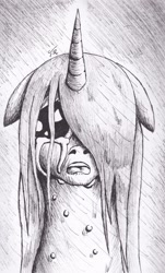 Size: 1460x2413 | Tagged: safe, artist:tunrae, imported from derpibooru, princess celestia, pony, black and white, crying, depressed, female, floppy ears, grayscale, monochrome, rain, sad, solo, traditional art, wet mane