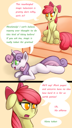 Size: 2160x3840 | Tagged: safe, artist:anon_1515, imported from derpibooru, apple bloom, sweetie belle, earth pony, pony, unicorn, comic:applesauce, blank flank, bow, colored pupils, comic, couch, dialogue, ear fluff, female, filly, floppy ears, foal, hair bow, hooves, horn, lying down, open mouth, prone, sitting