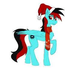 Size: 2300x2300 | Tagged: safe, artist:daytona, imported from derpibooru, oc, oc only, oc:daytona, pegasus, pony, 2019 community collab, derpibooru community collaboration, black and red mane, christmas, clothes, female, half-breed, hat, holiday, mare, raised hoof, santa hat, scarf, simple background, solo, transparent background