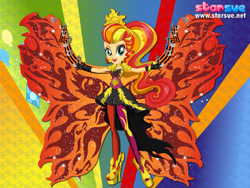 Size: 800x600 | Tagged: safe, artist:user15432, imported from derpibooru, sunset shimmer, human, equestria girls, rainbow rocks, bracelet, clothes, dressup, fingerless gloves, gloves, high heels, humanized, jewelry, leggings, phoenix wings, ponied up, pony ears, rainbow hair, rainbow rocks outfit, rock and roll, rock star, shoes, solo, starsue, winged humanization, wings