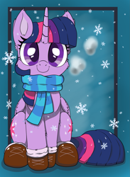 Size: 1375x1875 | Tagged: safe, artist:bigshot232, derpibooru exclusive, imported from derpibooru, twilight sparkle, alicorn, pony, booties, boots, both cutie marks, breath, cheek fluff, chest fluff, clothes, cold, cute, ear fluff, female, leg fluff, looking at you, mare, scarf, shoes, simple background, sitting, smiling, snow, snowfall, solo, twiabetes, twilight sparkle (alicorn)