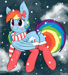 Size: 1686x1849 | Tagged: safe, artist:itsmeelement, imported from derpibooru, rainbow dash, pegasus, pony, backwards cutie mark, blushing, bow, butt, christmas, clothes, cute, dashabetes, dock, female, flying, holiday, mare, plot, scarf, smiling, snow, socks, solo, stockings, thigh highs