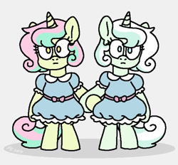 Size: 581x540 | Tagged: safe, artist:sandwichbuns, imported from derpibooru, oc, oc:spice, oc:sugar, pony, unicorn, bipedal, clothes, dress, female, filly, holding hooves, magical lesbian spawn, offspring, parent:bon bon, parent:lyra heartstrings, parents:lyrabon, the grady girls, the shining