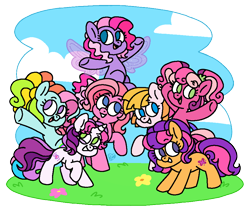 Size: 946x800 | Tagged: safe, artist:sandwichbuns, imported from derpibooru, cheerilee (g3), pinkie pie (g3), rainbow dash (g3), scootaloo (g3), starsong, sweetie belle (g3), toola roola, pony, core seven, g3, g3 to g4, g3.5, g3.5 to g4, g4, generation leap