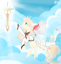 Size: 600x622 | Tagged: safe, artist:judelinfrostan, imported from derpibooru, oc, oc only, oc:fefaerie, dragon, fairy, pony, adopted, adopted oc, blonde hair, bow, clothes, fae, fairy wings, female, green eyes, hair bow, horns, leonine tail, mixed breed, reaching, shirt, sky, solo, sword, weapon, wing ears, wings