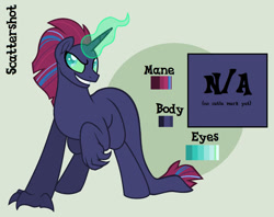 Size: 600x474 | Tagged: safe, artist:sinamuna, imported from derpibooru, oc, oc only, oc:scattershot, longma, pony, unicorn, claws, evil grin, grin, male, next generation, nextgen:sinverse, offspring, parent:tempest shadow, parent:unknown, reference sheet, smiling, solo