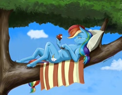 Size: 1400x1094 | Tagged: safe, artist:baron engel, imported from derpibooru, applejack, rainbow dash, earth pony, semi-anthro, anatomically incorrect, apple, female, food, incorrect leg anatomy, lying down, mare, missing accessory, on back, palette swap, pillow, recolor, smiling, solo, tree, tree branch