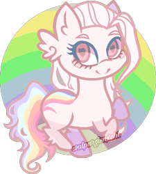 Size: 557x620 | Tagged: safe, artist:t-aroutachiikun, imported from derpibooru, oc, oc only, earth pony, pony, chibi, female, heart eyes, pink eyes, rainbow, rainbow hair, rearing, simple background, solo, transparent background, watermark, white hair, wing ears, wingding eyes