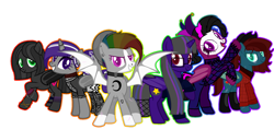 Size: 1280x602 | Tagged: safe, artist:kookiebeatz, artist:meimisuki, imported from derpibooru, oc, oc only, oc:after-party, oc:dusk's light, oc:midnight harvest (ice1517), oc:monochrome rainbow, oc:nightingale (ice1517), oc:quiet sanctuary, alicorn, bat pony, bat pony alicorn, pony, alicorn oc, anklet, bandana, base used, bat pony oc, beanie, blaze (coat marking), boots, bracelet, choker, clothes, coat markings, cowboy hat, cut, dress, ear piercing, earring, face paint, face tattoo, facial markings, female, flannel, glasses, goth, group, harlequin, harlequin jester, hat, horn ring, jester, jester hat, jewelry, jumper, makeup, mare, multicolored hair, nose piercing, nose ring, open mouth, piercing, ponytail, rainbow hair, raised hoof, scar, shoes, simple background, smiling, socks, solo, spiked choker, stockings, sweater, tattoo, teeth, thigh highs, transparent background, wall of tags, wristband