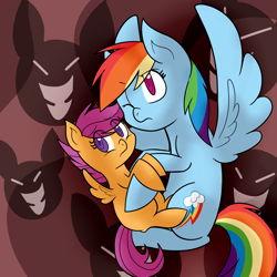 Size: 1600x1600 | Tagged: safe, artist:mayaliicious, imported from derpibooru, rainbow dash, scootaloo, holding hooves, protecting