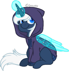 Size: 635x652 | Tagged: safe, artist:sinamuna, imported from derpibooru, oc, oc only, oc:calliope, pony, unicorn, au:equuis, artificial wings, augmented, blue eyes, blue fur, clothes, female, glowing horn, hoodie, magic, magic wings, sitting, solo, white hair, wings