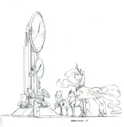 Size: 1100x1129 | Tagged: safe, artist:baron engel, imported from derpibooru, princess celestia, oc, alicorn, earth pony, pony, unicorn, clock, female, grayscale, magic suppression, mare, monochrome, pencil drawing, simple background, story included, traditional art, white background