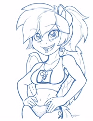 Size: 2550x3300 | Tagged: safe, artist:latecustomer, imported from derpibooru, rainbow dash, anthro, pegasus, abs, belly button, breasts, clothes, cute, dashabetes, female, monochrome, simple background, sketch, smiling, solo, sports bra, white background