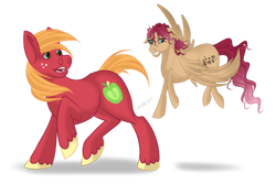 Size: 1280x854 | Tagged: safe, artist:chakraxx, imported from derpibooru, big macintosh, oc, oc:melody shy, earth pony, pony, duo, father and daughter, female, filly, flying, flying lesson, freckles, male, missing accessory, offspring, parent:big macintosh, parent:fluttershy, parents:fluttermac, simple background, stallion, transparent background, unshorn fetlocks