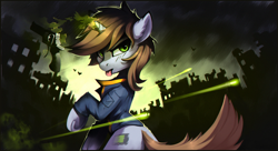 Size: 1636x890 | Tagged: safe, artist:ramiras, imported from derpibooru, oc, oc only, oc:littlepip, pony, unicorn, fallout equestria, clothes, cutie mark, fanfic, fanfic art, female, glowing horn, gun, handgun, hooves, horn, jumpsuit, levitation, little macintosh, magic, mare, optical sight, revolver, ruins, solo, telekinesis, tongue out, underhoof, vault suit, wasteland, weapon