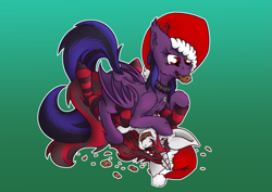 Size: 2631x1860 | Tagged: safe, artist:thexiiilightning, imported from derpibooru, oc, oc:blackjack, oc:vampy, bat pony, pony, fallout equestria, fallout equestria: project horizons, bat wings, christmas, clothes, collar, commission, cookie, crumbs, female, fight, food, hat, holiday, pinned, playing, sharp teeth, smiling, socks, striped socks, teeth, wings