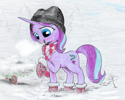 Size: 1071x857 | Tagged: safe, artist:t72b, derpibooru exclusive, imported from derpibooru, starlight glimmer, pony, unicorn, alternate hairstyle, boots, clothes, female, fog, hat, raised hoof, scarf, shoes, smiling, snow, solo, traditional art, tree, winter