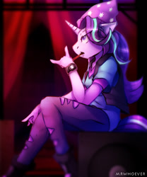 Size: 500x600 | Tagged: safe, artist:lostdreamm, imported from derpibooru, starlight glimmer, anthro, plantigrade anthro, unicorn, equestria girls, mirror magic, spoiler:eqg specials, beanie, breasts, cleavage, clothes, equestria girls outfit, female, food, hat, pocky, ripped pants, shirt, sitting, solo, vest