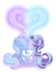 Size: 1032x1313 | Tagged: safe, artist:greenokapiarts, imported from derpibooru, starlight glimmer, trixie, pony, unicorn, blush sticker, blushing, chibi, eyes closed, female, glowing horn, heart, lesbian, magic, nuzzling, shipping, simple background, startrix, transparent background