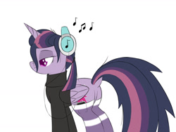 Size: 1440x1080 | Tagged: safe, artist:ideltavelocity, imported from derpibooru, mean twilight sparkle, alicorn, pony, the mean 6, alternate hairstyle, butt, clone, clothes, dock, female, headphones, mare, music notes, plot, simple background, socks, solo, sweater