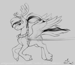 Size: 1200x1050 | Tagged: safe, artist:amarynceus, imported from derpibooru, oc, oc only, oc:acela, pegasus, pony, animal costume, antlers, costume, female, mare, monochrome, ponytail, reindeer costume, simple background, sketch, smiling, solo, unshorn fetlocks