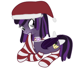 Size: 800x719 | Tagged: safe, artist:fortheluvofapplejack, imported from derpibooru, oc, oc only, oc:prophetic prose, bat pony, pony, bat pony oc, choker, christmas, clothes, female, folded wings, hat, holiday, mare, prone, santa hat, socks, solo, striped socks, wings