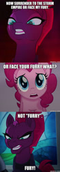 Size: 600x1695 | Tagged: safe, edit, edited screencap, imported from derpibooru, screencap, pinkie pie, tempest shadow, earth pony, pony, unicorn, my little pony: the movie, captain gutt, caption, ice age, ice age 4: continental drift, image macro, memeful.com, sid the sloth, text