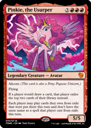 Size: 375x523 | Tagged: safe, artist:tonyfleecs, edit, imported from derpibooru, pinkie pie, alicorn, pony, spoiler:comic57, alicornified, ccg, lightning, magic the gathering, pinkiecorn, princess of chaos, race swap, trading card, trading card edit, xk-class end-of-the-world scenario