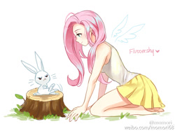 Size: 1000x748 | Tagged: safe, artist:momori, artist:momori68, imported from derpibooru, angel bunny, fluttershy, equestria girls, barefoot, clothes, feet, female, human coloration, legs, miniskirt, pleated skirt, skirt, sleeveless, tanktop, tree stump