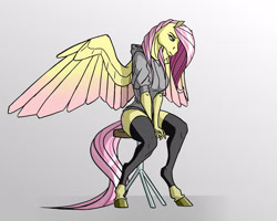 Size: 2412x1926 | Tagged: safe, artist:akweer, imported from derpibooru, fluttershy, anthro, pegasus, unguligrade anthro, bottomless, breasts, busty fluttershy, clothes, colored wings, colored wingtips, female, hoers, hoodie, looking down, mare, partial nudity, sitting, socks, solo, stockings, stool, thigh highs, toeless stockings