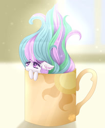 Size: 1600x1950 | Tagged: safe, artist:elektra-gertly, imported from derpibooru, princess celestia, pony, cup, cup of pony, female, food, micro, mug, pun, solo, tea, tiny, tiny ponies