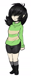 Size: 775x1920 | Tagged: safe, alternate version, artist:duop-qoub, imported from derpibooru, oc, oc only, oc:filly anon, human, :|, chara, crossover, female, filly, humanized, humanized oc, simple background, solo, undertale, white background