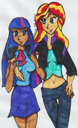 Size: 675x1111 | Tagged: safe, artist:thelunarbutterfly, imported from derpibooru, sunset shimmer, twilight sparkle, equestria girls, arm on shoulder, dark skin, female, human coloration, lesbian, looking at each other, shipping, simple background, sunsetsparkle, traditional art