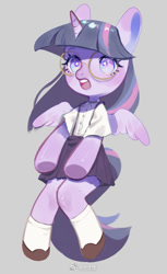 Size: 308x502 | Tagged: safe, artist:kura, artist:puzi, imported from derpibooru, twilight sparkle, alicorn, pony, semi-anthro, clothes, cute, female, glasses, mare, pleated skirt, shoes, skirt, socks, solo, suspenders, twilight sparkle (alicorn)