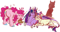 Size: 1841x1000 | Tagged: safe, artist:eqq_scremble, derpibooru exclusive, imported from derpibooru, moondancer, pinkie pie, twilight sparkle, alicorn, earth pony, pony, unicorn, eqqverse, crown, cuddling, cup, ear piercing, earring, female, food, glasses, hairband, jewelry, lesbian, married couple, moonlightpie, moonpie, piercing, pinkiedancer, polyamory, pregdancer, pregnant, regalia, shadow, shipping, tea, tea kettle, teacup, tired, twidancer, twilight sparkle (alicorn), twinkie