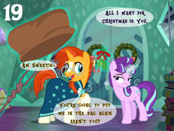 Size: 1024x768 | Tagged: safe, artist:bronybyexception, imported from derpibooru, starlight glimmer, sunburst, pony, unicorn, advent calendar, all i want for christmas is you, bag, book, christmas, female, holiday, kidnapped, male, mariah carey, mistletoe, no shit sherlock, s5 starlight, shipping, staff, staff of sameness, stallion in distress, starburst, straight, wreath, yandere, yandere glimmer