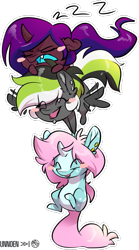 Size: 1069x1920 | Tagged: safe, artist:kez, imported from derpibooru, oc, oc only, oc:feiya waull, oc:graphite sketch, oc:scoops, pegasus, pony, unicorn, chibi, solo, zzz