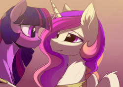 Size: 2000x1406 | Tagged: safe, artist:magnaluna, imported from derpibooru, princess celestia, twilight sparkle, alicorn, pony, :o, bedroom eyes, blushing, cute, female, fluffy, lesbian, looking at each other, mare, open mouth, shipping, smiling, twilestia, twilight sparkle (alicorn), wide eyes