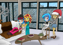 Size: 1280x906 | Tagged: safe, artist:lavenderrain24, imported from derpibooru, dj pon-3, sunset shimmer, vinyl scratch, oc, oc:blissful trance, oc:healing touch, equestria girls, bandage, christmas, clothes, commission, couch, female, goggles, hat, holiday, listening, mountain, santa hat, ski, ski goggles, ski lodge, smiling, stethoscope, stool, table, window