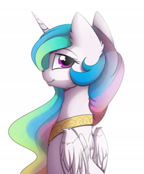 Size: 1600x1936 | Tagged: safe, artist:magnaluna, imported from derpibooru, princess celestia, pony, cheek fluff, chest fluff, cute, cutelestia, ear fluff, female, fluffy, looking back, smiling, solo, wing fluff