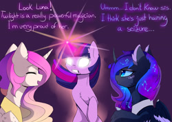Size: 2800x1979 | Tagged: safe, artist:magnaluna, imported from derpibooru, princess celestia, princess luna, twilight sparkle, pony, bipedal, chest fluff, constellation, curved horn, dialogue, ear fluff, ethereal mane, eyes closed, fluffy, frown, galaxy mane, glowing eyes, glowing horn, gritted teeth, horn, magic, neck fluff, open mouth, royal sisters, seizure, simple background, smiling, student, teacher, teacher and student, trio, wide eyes, wing fluff