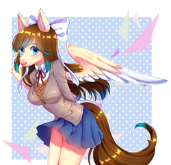 Size: 1875x1809 | Tagged: safe, artist:moe-chan, imported from derpibooru, oc, oc only, oc:amora bunny, anthro, pegasus, abstract background, anthro oc, bow, clothes, commission, cosplay, costume, digital art, doki doki literature club, dress, female, hair bow, just monika, looking at you, mare, monika, monika pose, shorts, signature, solo, spread wings, wings, ych result