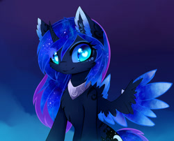 Size: 1600x1295 | Tagged: safe, artist:magnaluna, imported from derpibooru, princess luna, alicorn, pony, body markings, cheek fluff, chest fluff, color porn, colored wings, colored wingtips, curved horn, cute, ear fluff, ethereal mane, eyelashes, female, fluffy, galaxy mane, heart eyes, horn, looking at you, lunabetes, simple background, smiling, solo, spread wings, wingding eyes, wings