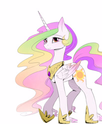 Size: 2300x2825 | Tagged: safe, artist:magnaluna, imported from derpibooru, princess celestia, pony, colored wings, colored wingtips, female, raised hoof, simple background, smiling, solo, white background