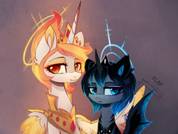Size: 2067x1554 | Tagged: safe, artist:magnaluna, imported from derpibooru, princess celestia, princess luna, alicorn, bat pony, bat pony alicorn, elemental pony, pony, :<, alternate design, alternate hairstyle, alternate universe, armor, bat ponified, bust, colored pupils, denied, duo, ear fluff, ear tufts, eyeshadow, female, flapping, frown, gradient background, halo, hug, lidded eyes, looking at you, luna is not amused, lunabat, makeup, mane of fire, mare, portrait, race swap, royal sisters, simple background, sitting, slit eyes, slit pupils, smiling, spread wings, unamused, wing fluff, wing hands, wing jewelry, winghug, wings